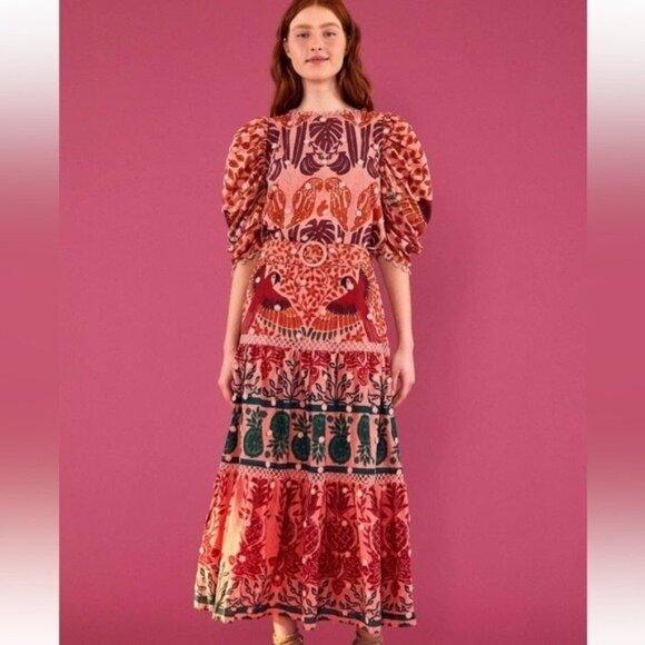 FARM Rio “Ainika Macaws” Puff-Sleeve Cotton Blouse • Size XL • Tropical Print - Picture 8 of 16